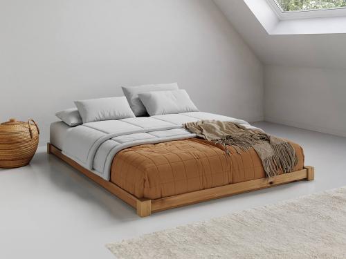 low wooden bed frame space saver design in honey finish