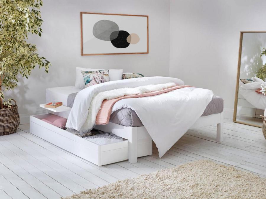 warm white space saver platform bed without headboard