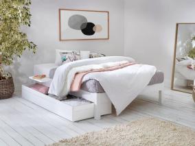 warm white space saver platform bed without headboard