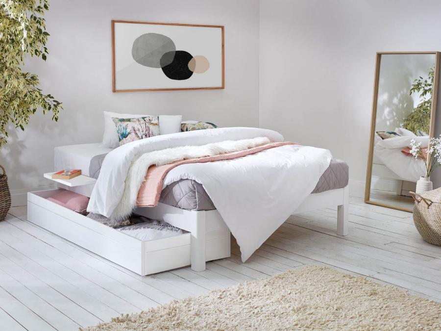warm white space saver platform bed without headboard
